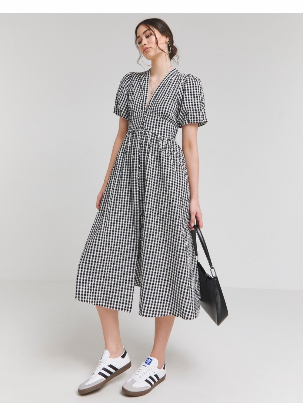 Nobody’s Child Black & White Gingham Midi Dress with Puff Sleeves